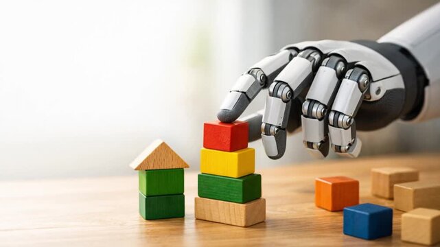 smart prosthetics biomechanics concept. Robot hand stacking colorful blocks on a wooden table.