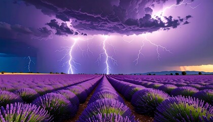 Stunning lavender field under an intense purple lightning storm, dramatic and vivid