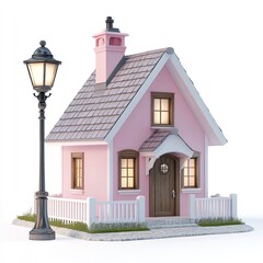 Charming Pink House with White Fence and Street Lamp, Idyllic Residential Scene