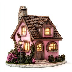 Whimsical Pink Fairy Tale House with Brown Roof and Garden, Miniature Architecture Model
