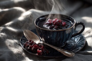 Gothmas breakfast, black porcelain cup, silver accents, dark berry compote
