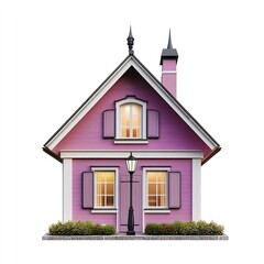 Charming Purple House with White Trim and Black Accents, Isolated on White Background