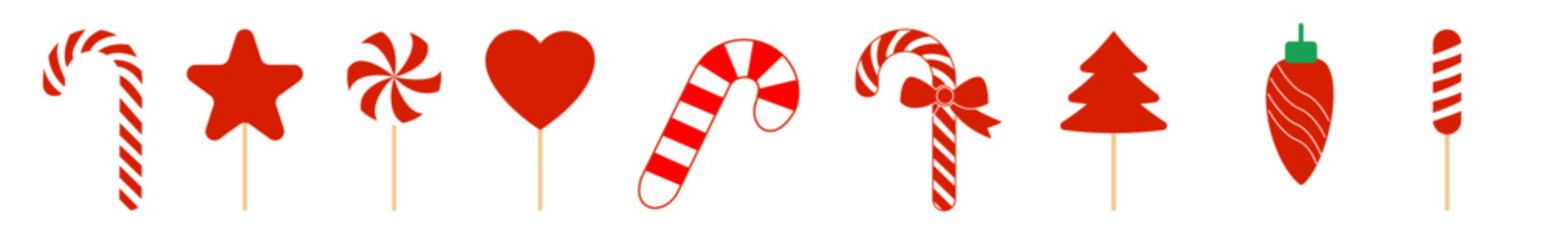 Set of clipart with red candies and lollypops. Collection of illustrations with sweet for Christmas or Valentine day. Assortment of candies in red and white wrapper