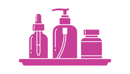 Cosmetic bottles displayed on a tray, represented as an outline icon. A simple illustration of body skin care in a hotel environment. Flat isolated vector design on a white background.