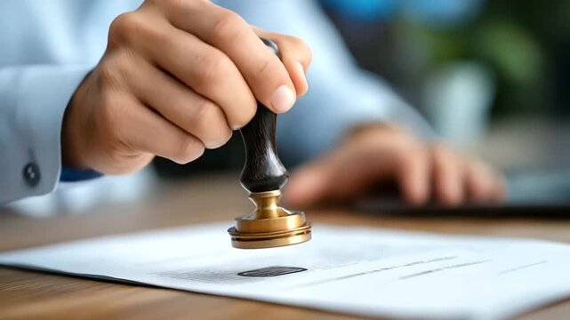 Faceless hand holding rubber trademark protection stamp about to mark official document, intellectual property rights concept, professional office setting, with copy space