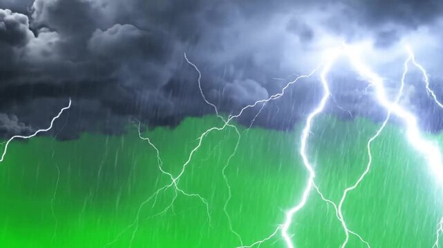 Powerful Lightning Storm Striking On Green Screen For Dramatic Weather Effects Cinematic Motion Graphics