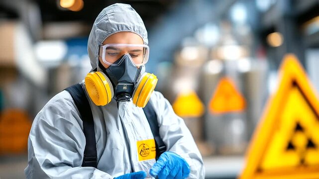 Faceless worker in full body chemical protection suit and respirator mask at hazmat processing facility, hazardous materials handling procedure, maximum safety precautions protocol