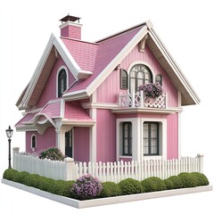 Charming Pink House with White Trim, Fence, and Garden, 3D Rendering of a Dream Home Exterior