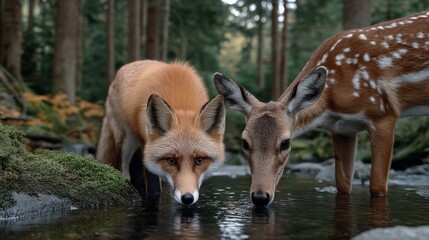 Naklejka premium A fox and a deer are standing next to each other in a stream, both drinking water. The fox is looking at the deer, possibly curious about it or just enjoying the moment. The scene is peaceful