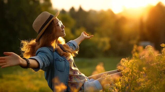 Sun-kissed serene moment capturing playful summer vacation escape, carefree seasonal leisure, warm golden hour lighting, peaceful outdoor relaxation, defocused nature, with copy sp