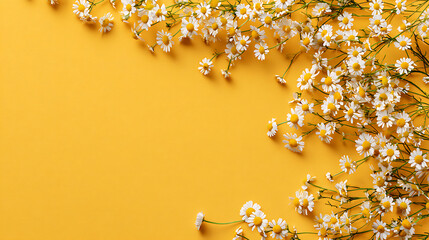 White daisies with green stems on a yellow background