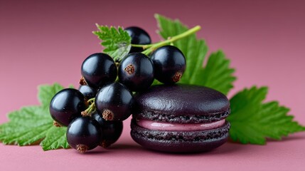 A blackberry pastry sits on a pink background with a leafy green stem. The pastry is a chocolate croissant with a blackberry filling