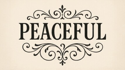 A decorative text design featuring the word 'Peaceful' in bold black letters with ornate flourishes on a light beige background.