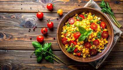 Vibrant corn salad with juicy cherry tomatoes, fresh vegetables, and herbs arranged as a delicious gourmet snack on a rustic wooden table. Top view, copy space. Keto and paleo diet, vegetarian and veg