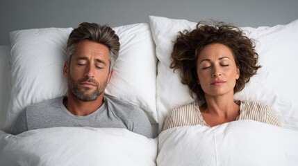 A man and woman are sleeping in bed. The man is wearing a gray shirt and the woman is wearing a striped shirt