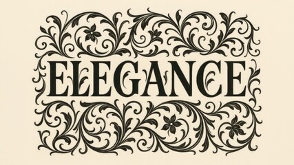 The word 'ELEGANCE' is displayed in bold, ornate lettering surrounded by intricate floral designs. The background is a soft beige color, enhancing the text's prominence.