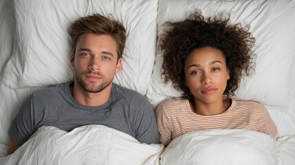 A man and woman are lying in bed together. The man is wearing a gray shirt and the woman is wearing a striped shirt. They are both looking at the camera