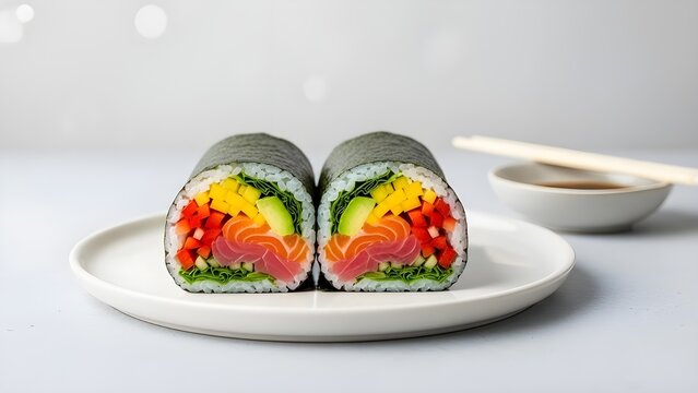 Fresh sushi burrito cut in half, filled with salmon, tuna, avocado, mango, and vegetables, wrapped in nori and rice. Minimal white background creates a clean, modern food presentation.
