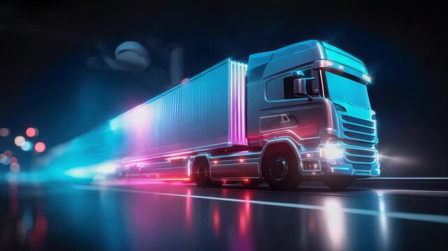 Futuristic cargo truck with neon light trails speeding through a city at night, symbolizing high-tech logistics and digital transportation