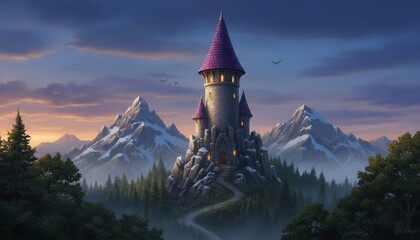 High Mountain Tower with Purple Conical Roof Surrounded by Forest