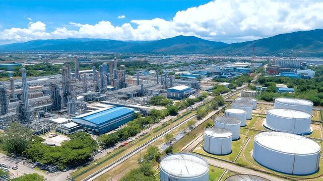 Aerial bird's eye view of sprawling industrial refinery complex with multiple processing units and cylindrical storage tanks, extensive petrochemical infrastructure from above, def