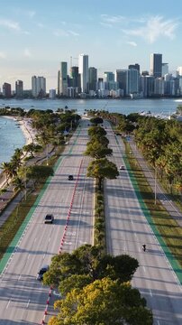 Miami Skyline At Miami In Florida United States. Urban Beach. Bay Water Scenery. Downtown City. Miami Skyline In Florida United States. Peaceful Landscape.