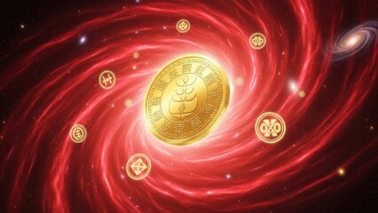 Golden digital coins swirling in a cosmic red vortex representing virtual currency concept.