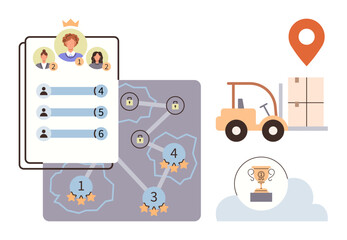Leaderboard highlighting rankings, level progression with locks and stars, forklift moving boxes, trophy on cloud, and location pin. Ideal for competition, achievement, logistics, progress teamwork