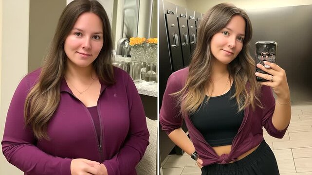 Before and after weight loss transformation showing woman in same outfit with distorted funhouse mirror reflection, body image perception, fitness journey visualization, with copy