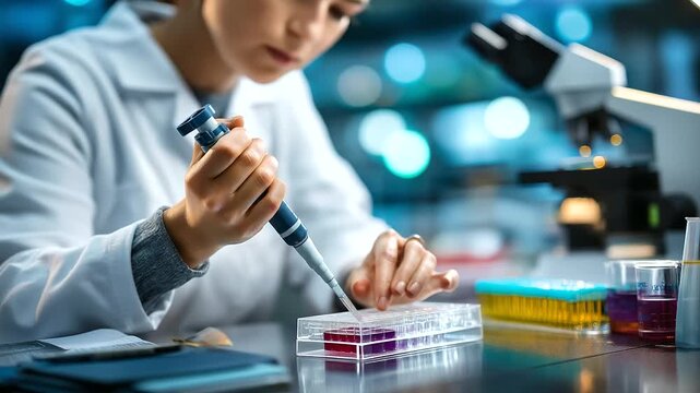 Biological research scientist using precision micropipette with microplate for laboratory analysis, scientific experiment, professional lab work, defocused equipment, with copy spa