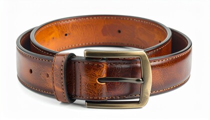 Brown leather belt with a silver buckle placed on a white background ready for use in various outfits or styling options