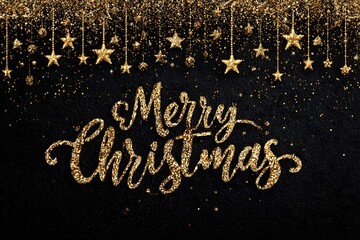 Festive gold glitter text saying Merry Christmas on a black background, surrounded by shimmering stars and decorative elements, creating a joyful holiday atmosphere