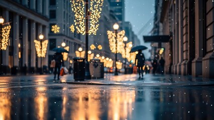 Obraz premium Rainy City Street at Night with Festive Lights and Silhouetted Pedestrians.