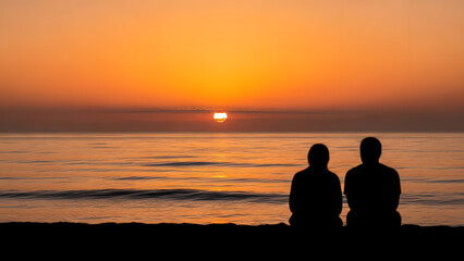 Fototapeta premium Couple watching serene sunset together on beach