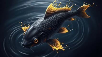Glossy black koi swimming in circular pond ripples and golden fins.
