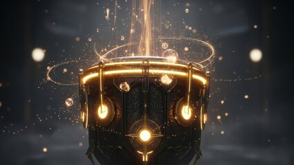 Glowing ornate chalice suspended within floating golden rings and particles.