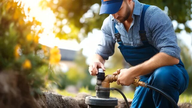 Close-up of faceless worker in overalls operating septic tank pumping equipment, residential sewage and drain cleaning service, professional maintenance work, with copy space