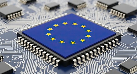 European Union flag integrated onto a prominent microchip, positioned amidst a network of smaller semiconductor components and complex circuit board pathways.