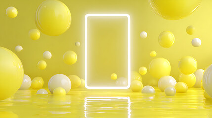 Yellow and White Spheres with Neon Frame Over Water
