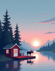 Obraz premium Serene lakeside cabin with moose at sunset, tranquil wilderness scene