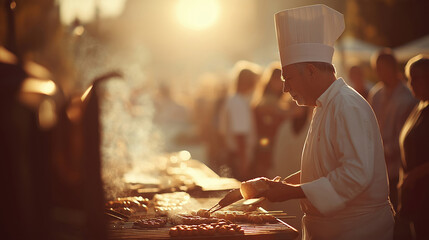 Cinematic street food chef grilling skewers at sunset with warm golden light smoke and authentic outdoor market atmosphere