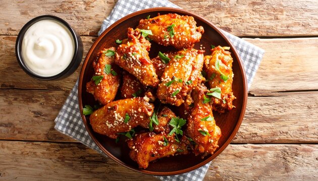 Classic Garlic Parmesan Butter Chicken Wings served with mayonnaise close-up in a plate on the table. Horizontal top view from above
