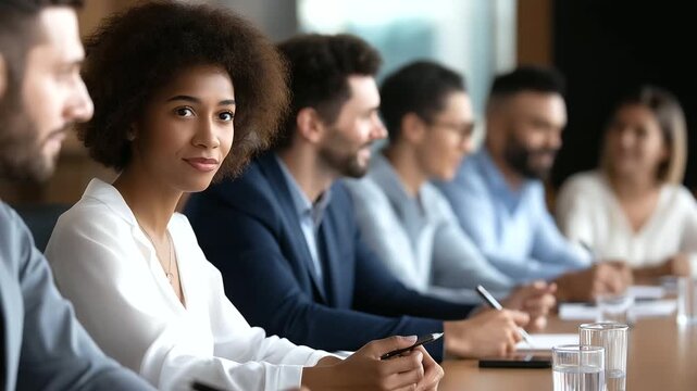Corporate recruitment panel of diverse officers sitting around conference table with raised pens, professional job interview process, candidate evaluation, defocused boardroom, wit