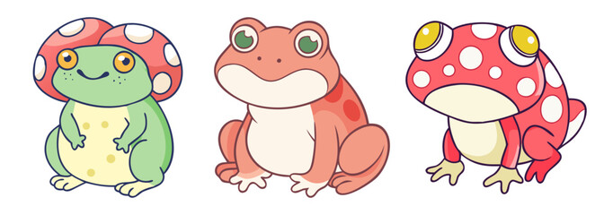 Obraz premium Adorable toad characters with mushroom caps and pink spots for whimsical designs