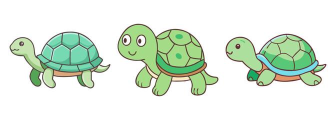 Three whimsical cartoon tortoises with green shells standing together on a white surface