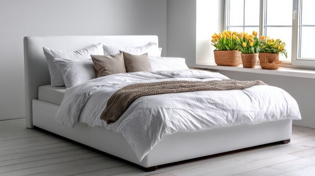 A white bed with a striped comforter and pillows. A window with a view of flowers