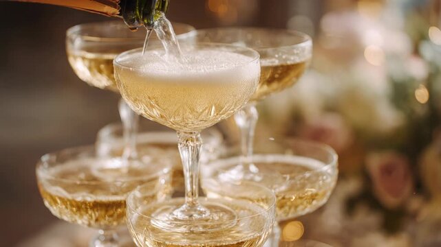 Luxury champagne tower celebration for wedding party, an elegant alcohol beverage moment with sparkling wine pouring into magnificent pyramid of glass for festive reception