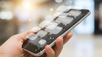 Close up of a man hand holding mobile phone with chat message bubbles. Digital communication, online conversation and social media concept.