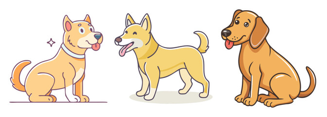 Three adorable cartoon dogs posed together showing different breeds and expressions of canine companionship and joy