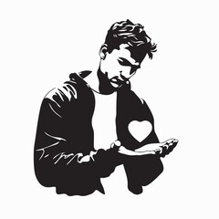 Handsome young man holding a paper heart symbol of love silhouette vector